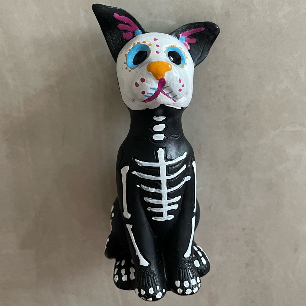 Day of the Dead Skeleton Cat Figurine - Black & White with Colorful Accents
